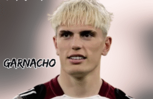 Garnacho: Rising Football Star and Future Prospect Portrait of footballer Alejandro Garnacho celebrating on the pitch